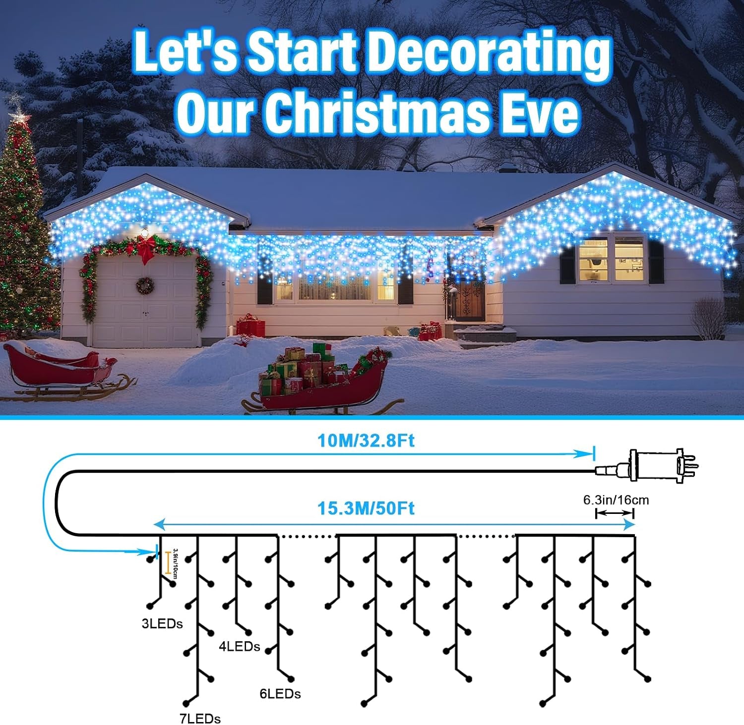 Christmas Icicle Lights Outdoor Blue White 480LED 50FT Icicle Christmas Lights with 8 Modes Timer Waterproof, for Eaves, Pavilion, Fences, Patio, Gardens, White&Blue