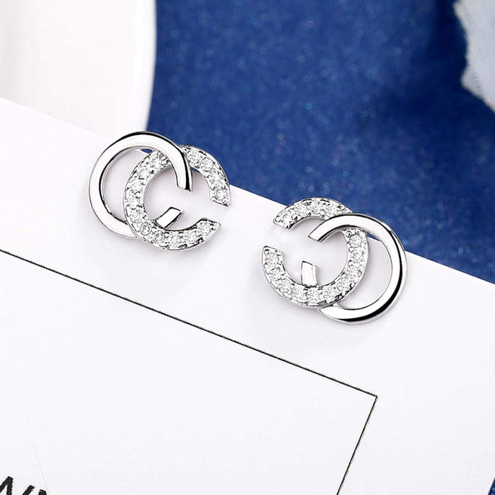 925 Sterling Silver Korean Sparkling Crystal English Letter Double C Stud Earrings Women Girl Sweet Jewelry-Silver