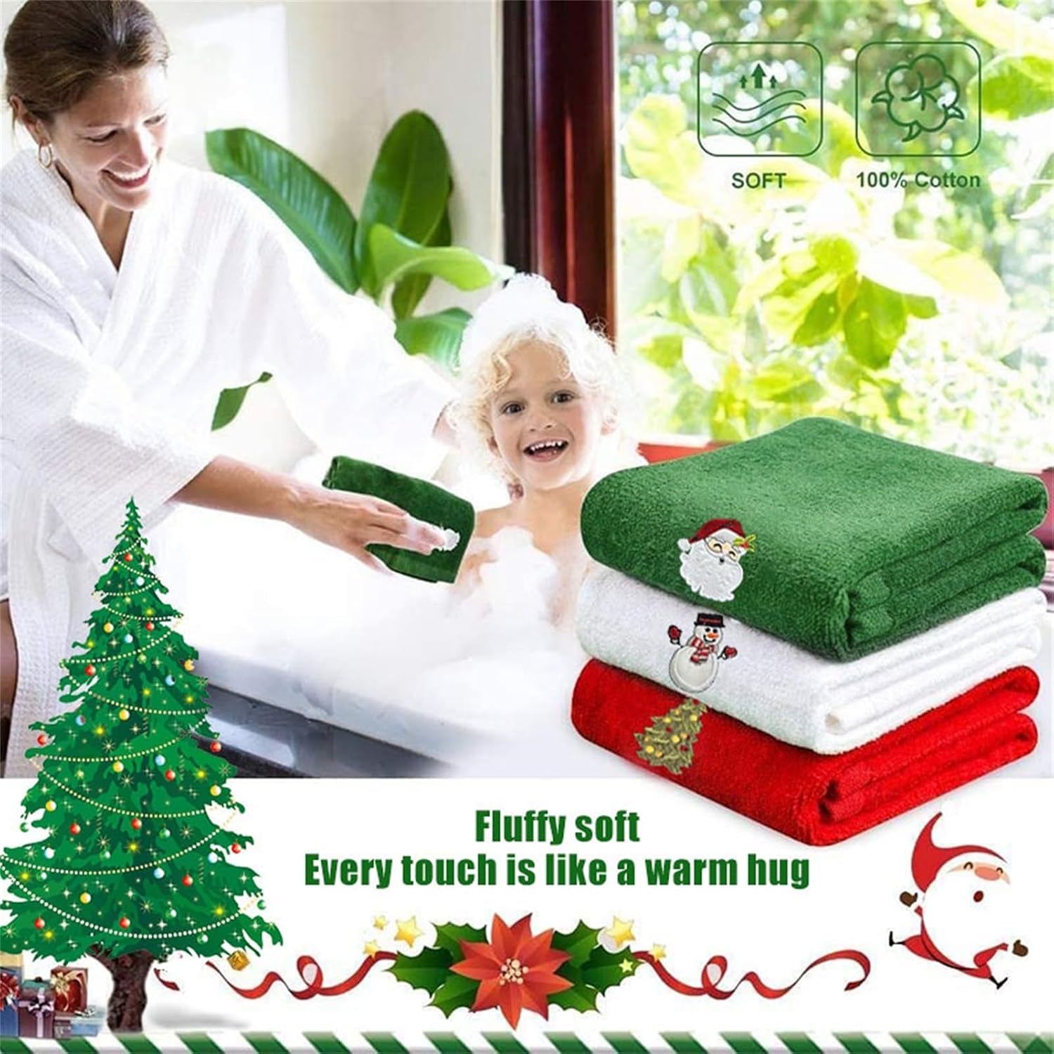 Set of 3 Hand Towels for Kitchen and Bathroom 12X18In Cotton Embroidered Dish Towels Christmas Theme Decorative Towels Gift (Red White Green, One Size)
