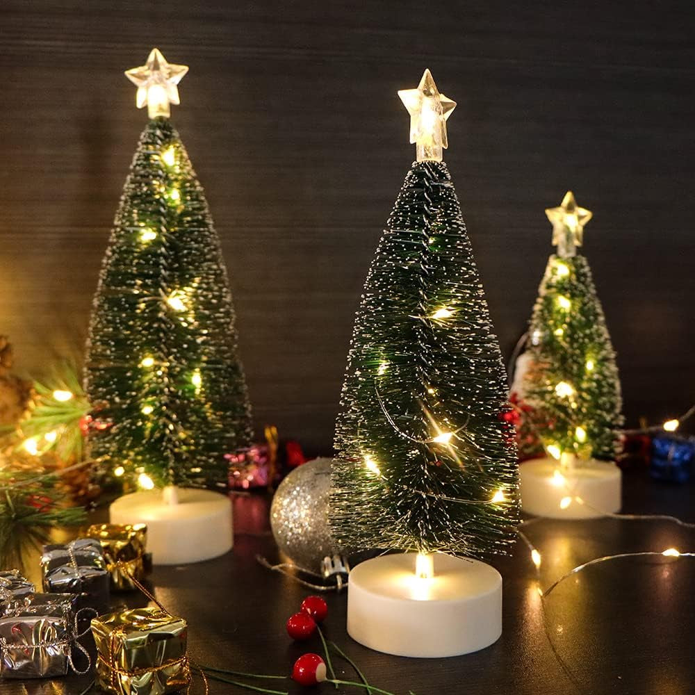 3 Pcs Tabletop Christmas Tree with Lights Mini Artificial Xmas Tree with LED String Lights Christmas Party Decoration Miniature Table Ornaments Home Office Tabletop Decor Mini Desk Top Christmas Tree