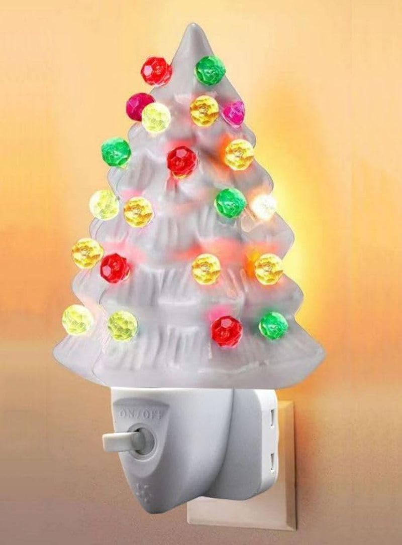 Ceramic Christmas Tree Night Light, Direct Plug, Plugin, Children Bedroom, Multicolor Bulbs & 360 Degree Swivel Plug with On/Off Switch (White)