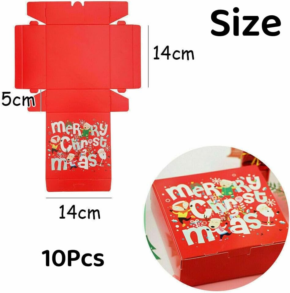 10 Packs 14X14X5Cm Red Merry Christmas Boxes with Lids, Gift Boxes, Xmas Party Favor Treats, Bakery, Gift Packaging