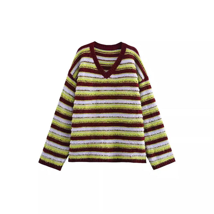 Retro loose lazy contrasting striped looped sweater