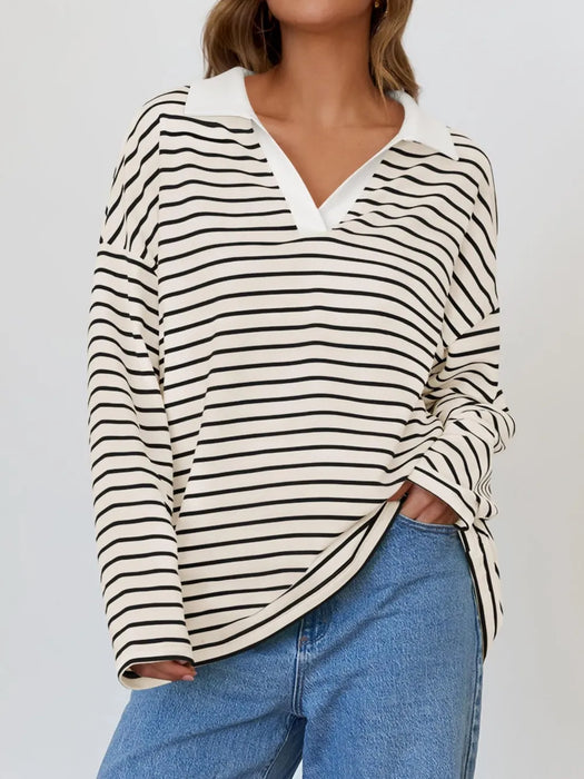 Mandy Striped  Collar Long Sleeve Sweatshirt