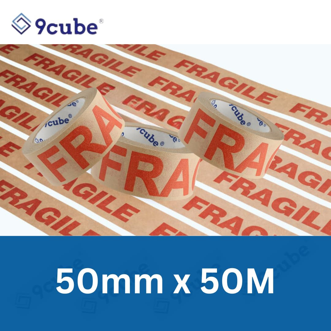 6 Strong Paper Packaging Tape, Eco-Friendly Recyclable Fragile Printed Kraft, Brown 50Mmx50Mm, Strong Heavy-Duty Secure Adhesive Sticky, for Packing Parcels Moving House Large Boxes