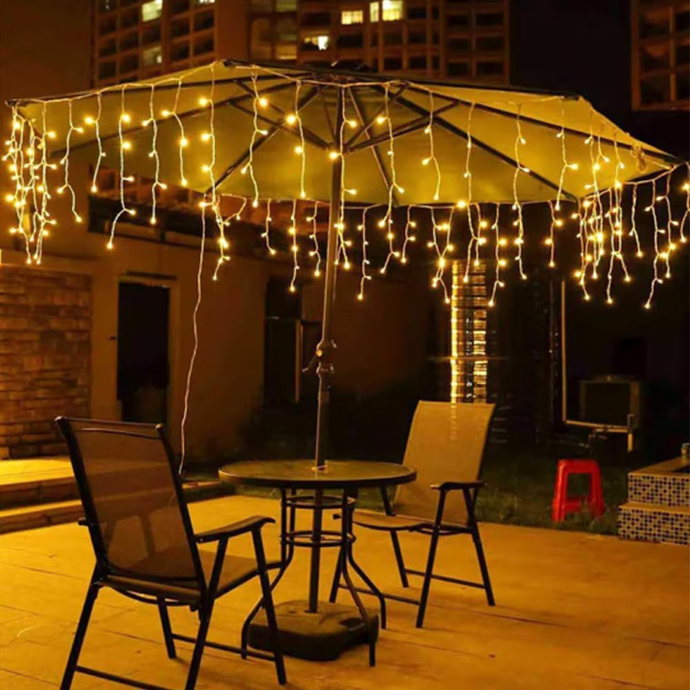 Icicle Christmas Lights Outdoor, 10M 400 LED Plug-In Waterproof Fairy String Lights with 8 Modes, Timer&Connectable, for Eaves, Gutters, House Roof, Garden, Patio & Party Decorations Warm White
