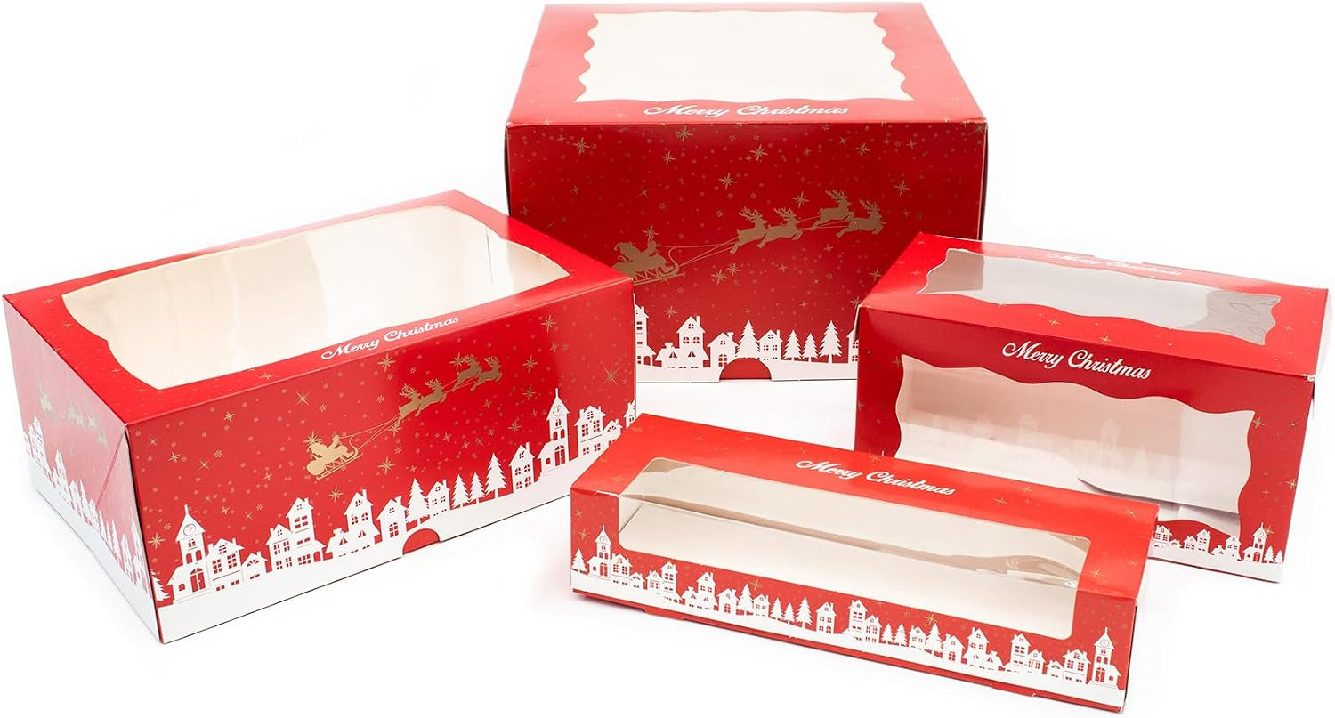 Christmas Log Boxes | 5 Pack | Red & Gold Christmas Display Boxes with See through Window, Strong Cake Boxes for the Festive Holidays | 8" X 4" - 5 Pack