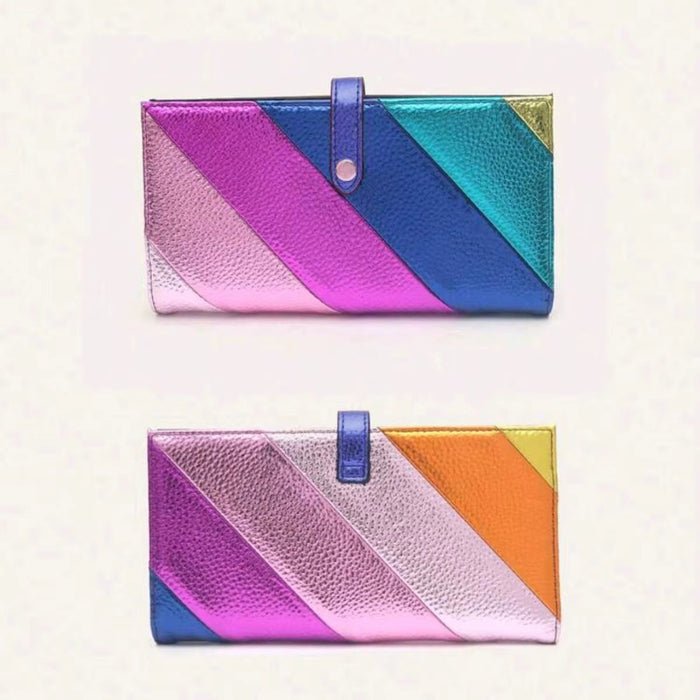 Women'S Fashion Elegant PU Leather Long Wallet Colorful Stripe Stitching Zipper Pocket Card Holder, Bifold