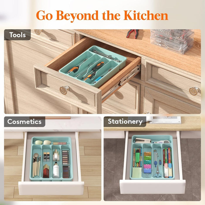 Cutlery Drawer Organiser, Plastic Cutlery Tray for Kitchen Drawer, Utensil Flatware Silverware Holder Divider for Spoons Forks Knives Tableware, 5 Compartment, Turquoise