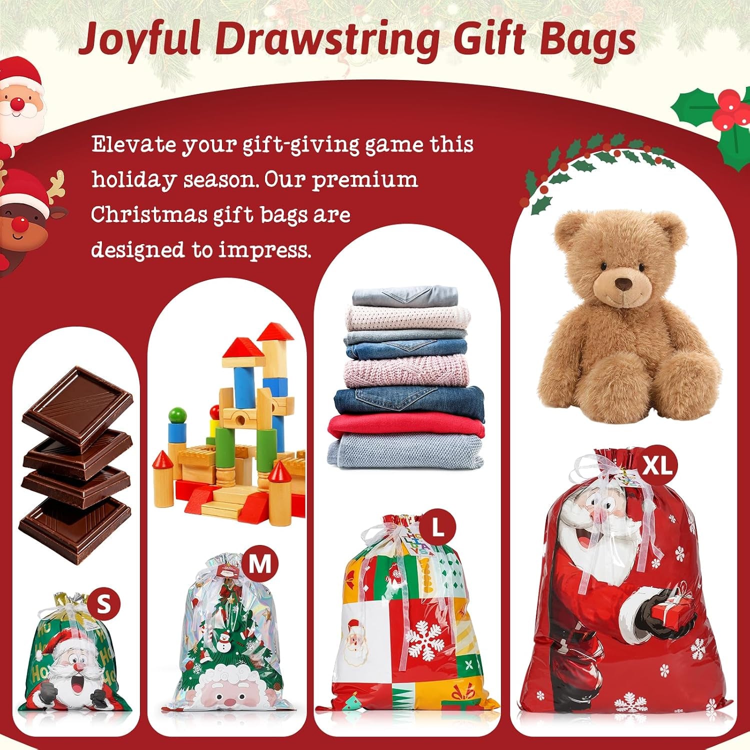 38 PCS Christmas Drawstring Gift Bags - Xmas Wrapping Bags