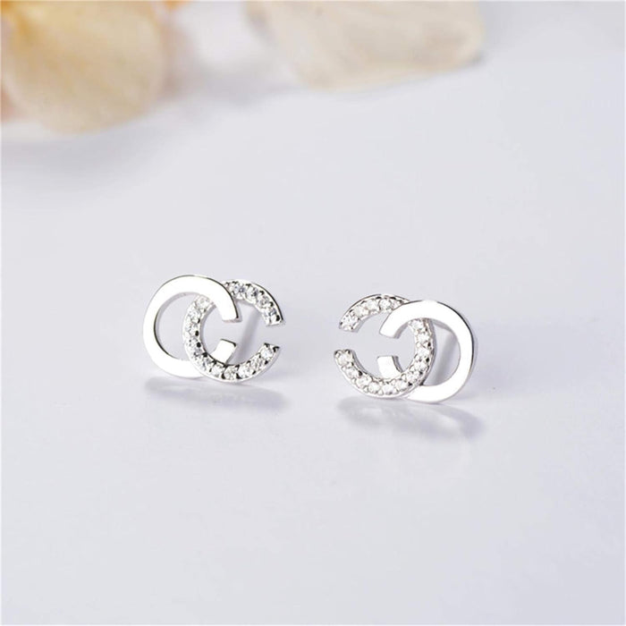 925 Sterling Silver Korean Sparkling Crystal English Letter Double C Stud Earrings Women Girl Sweet Jewelry-Silver