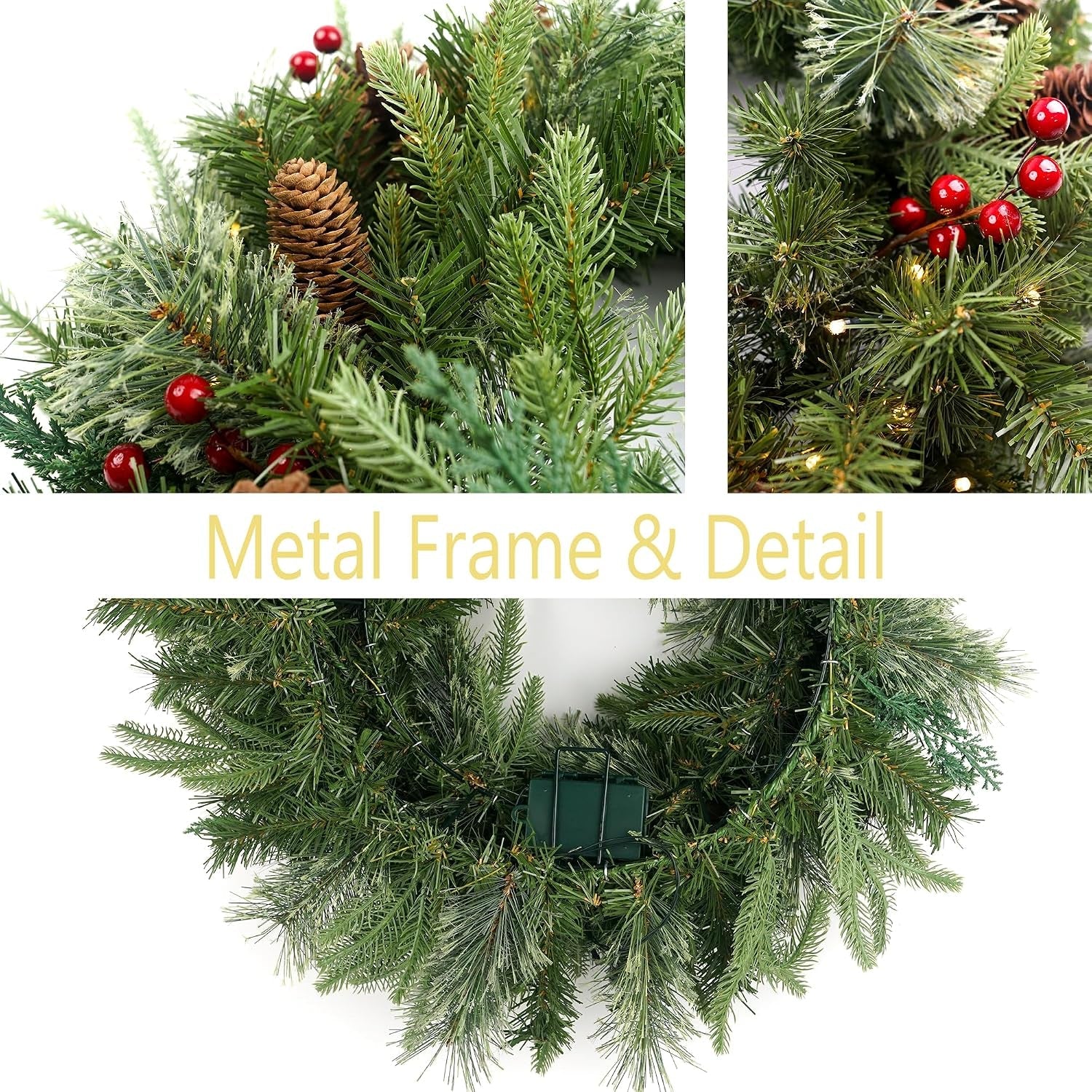 Christmas Wreath Pre-Lit 24 Inch with 50 Light & Pine Cone, Artificial Christmas Wreaths for Front Door with Lights, Wreath for Christmas Decoration Door Windows Wall Green
