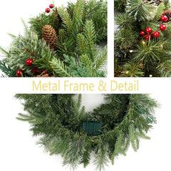 Christmas Wreath Pre-Lit 24 Inch with 50 Light & Pine Cone, Artificial Christmas Wreaths for Front Door with Lights, Wreath for Christmas Decoration Door Windows Wall Green