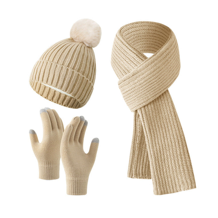 Solid Color Woven Hat Scarf And Gloves Warm Set