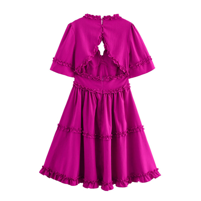 Sweet backless texture ruffle lace dress for women