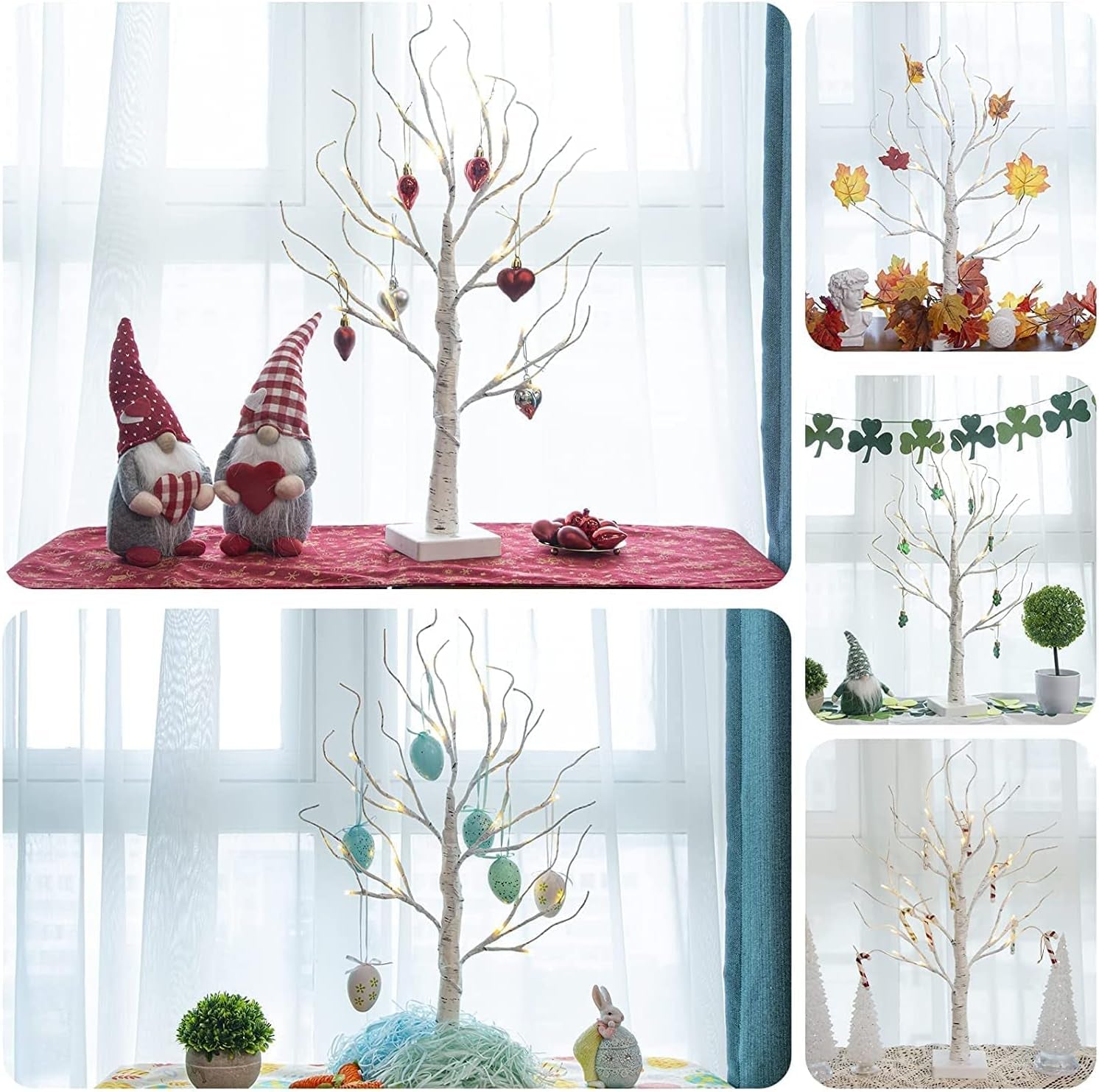 Set of 2- White Christmas Tree with Lights 2FT Tabletop Birch Tree with 24 Warm White Leds Battery Operated Light up Twig Tree for Home Party Wedding Easter Christmas Decoration