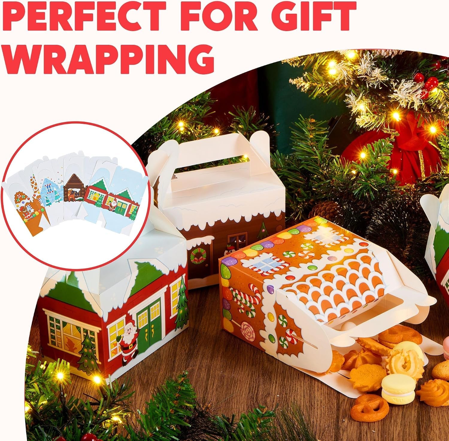 24 PCS 3D Christmas House Cardboard Treat Boxes for Holiday Xmas Goody Gift, Goodie Paper Boxes, School Classroom Party Favor Supplies, Candy Treat Cardboard Cookie Boxes