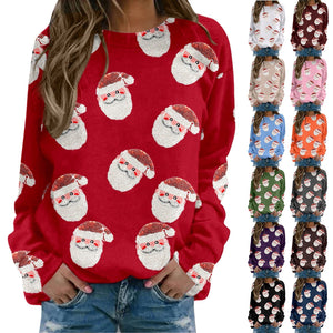 New Hot Sale Women's Casual Capless Round Neck Regular Drop Shoulder Sweater Pullover Print Top