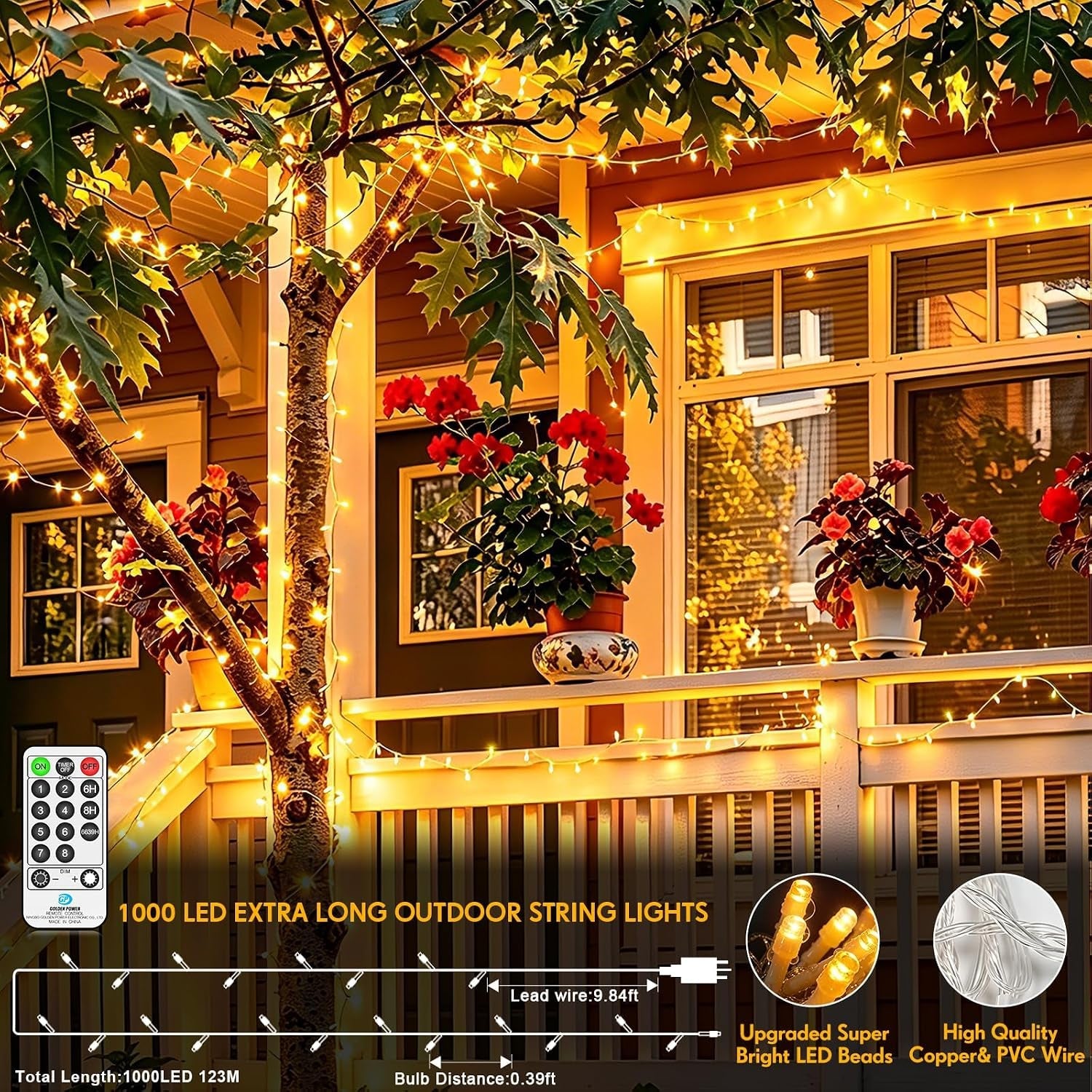 120M 1000 LED Fairy Lights Outdoor String Lights Plug in Extra Long Christmas Lights Waterproof with Remote Timer 8 Modes for outside Garden Patio Party Wedding Yard Tree Decorations Warm White