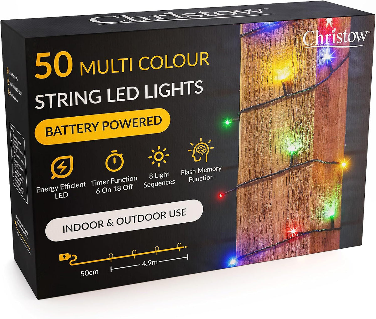 Christmas Fairy Lights, Battery Operated, 50 Leds, Multi-Coloured