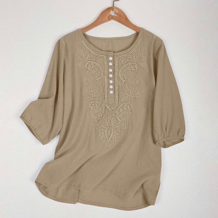 Artistic Retro Loose Design Embroidered Crew Neck Thin Cotton And Linen Women's Top