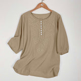 Artistic Retro Loose Design Embroidered Crew Neck Thin Cotton And Linen Women's Top