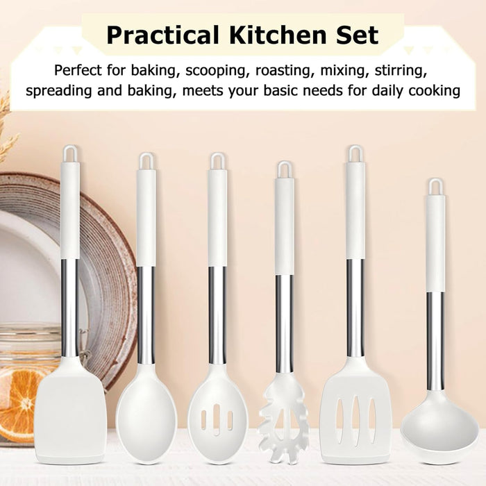 Kitchen Utensils Set, 6 Pcs Silicone White Cooking Utensils Include Ladle Turner Spoon Pasta Server, Heat Resistant Kitchen Tools with Stainless Steel Handle, Non-Stick Cookware Friendly
