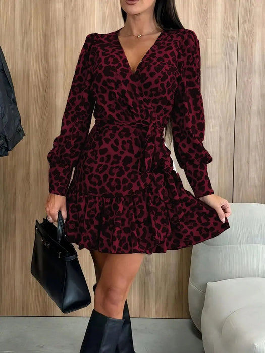Women's long sleeved bubble sleeve V-neck lace up printed dress
