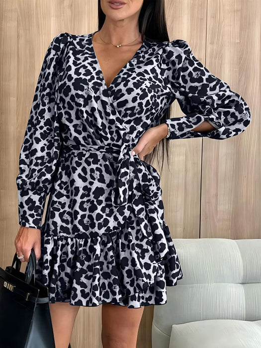 Women's long sleeved bubble sleeve V-neck lace up printed dress