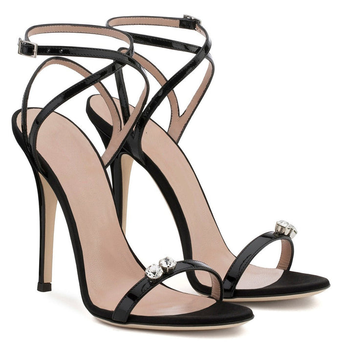 Womens Black One Line With Rhinestone Heels
