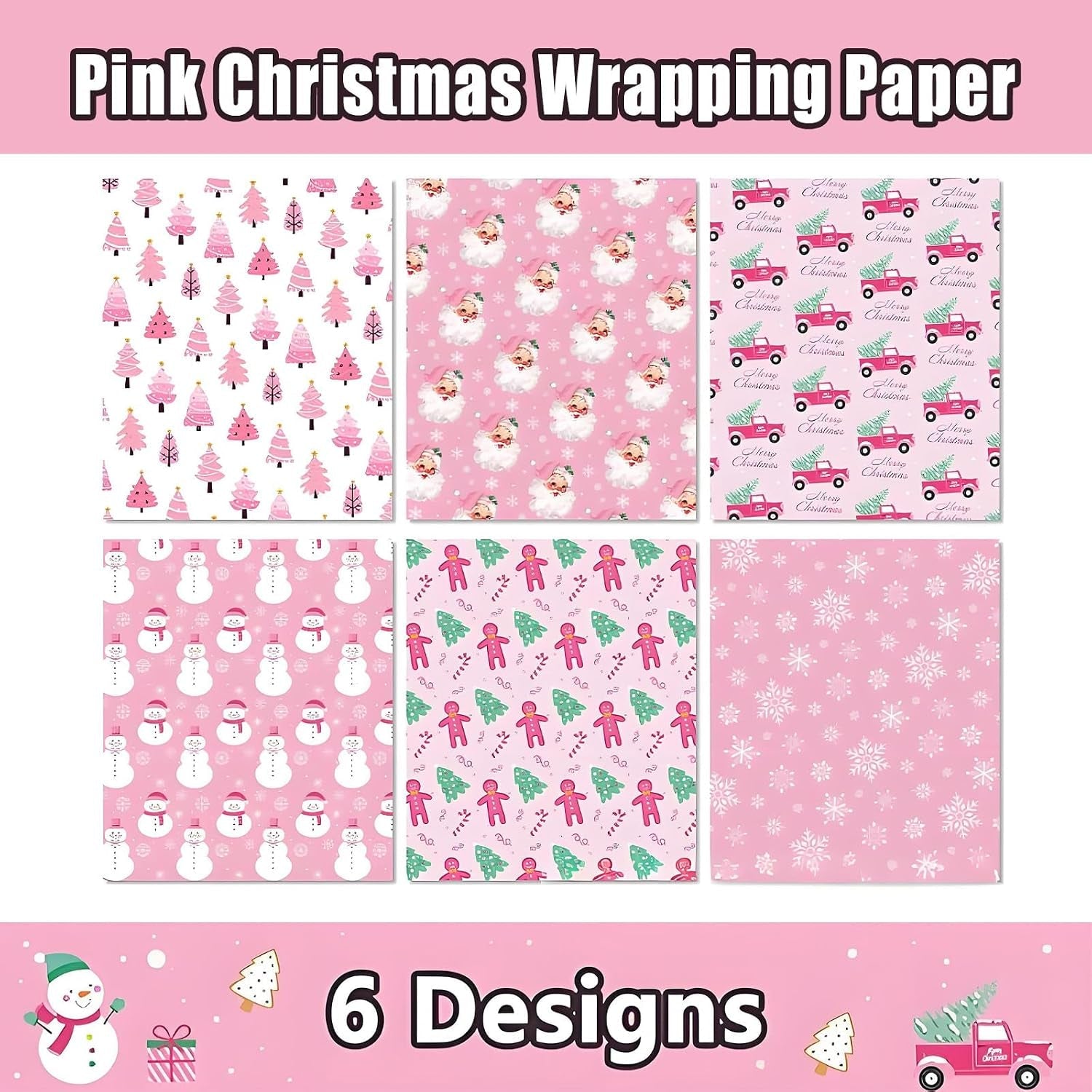 6Pcs Different Patterns Xmas Wrapping Paper + 3 Colored Ribbons Set, Cute Wrapping Paper Xmas Gift Wrap Supplies, Perfect for Holiday Presents, DIY Gift & Festive Packaging ﻿