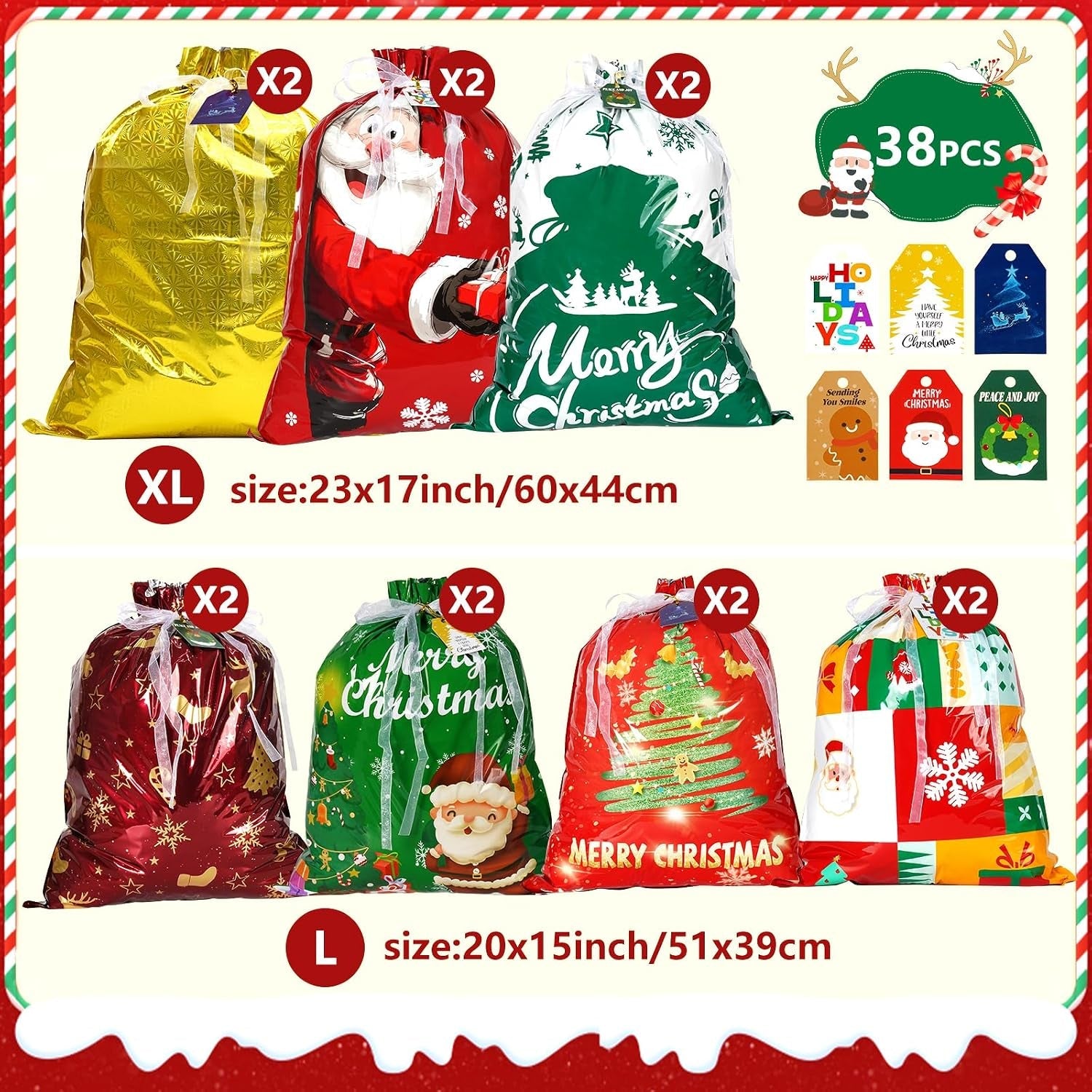 38 PCS Christmas Drawstring Gift Bags - Xmas Wrapping Bags
