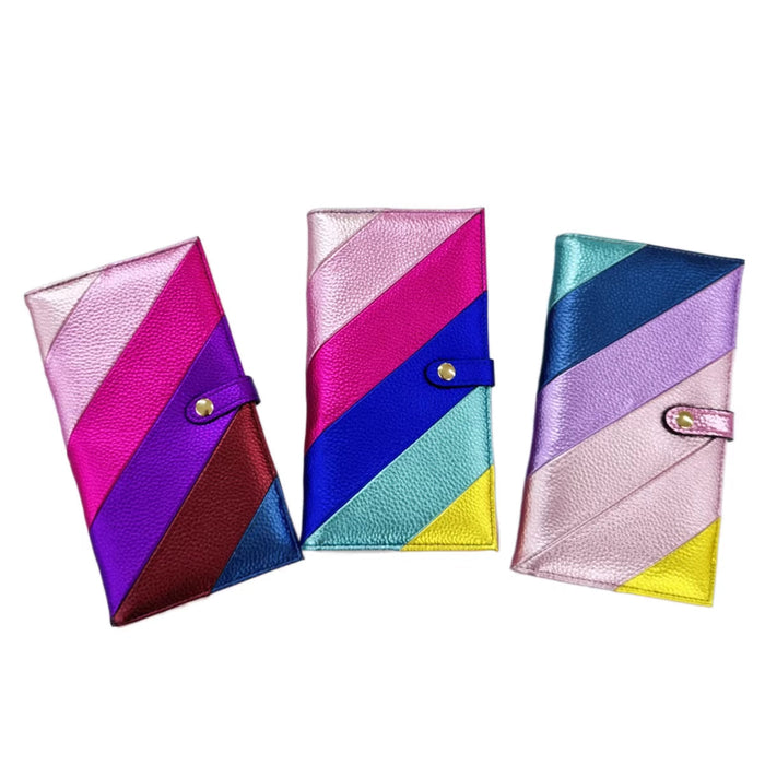 Women'S Fashion Elegant PU Leather Long Wallet Colorful Stripe Stitching Zipper Pocket Card Holder, Bifold