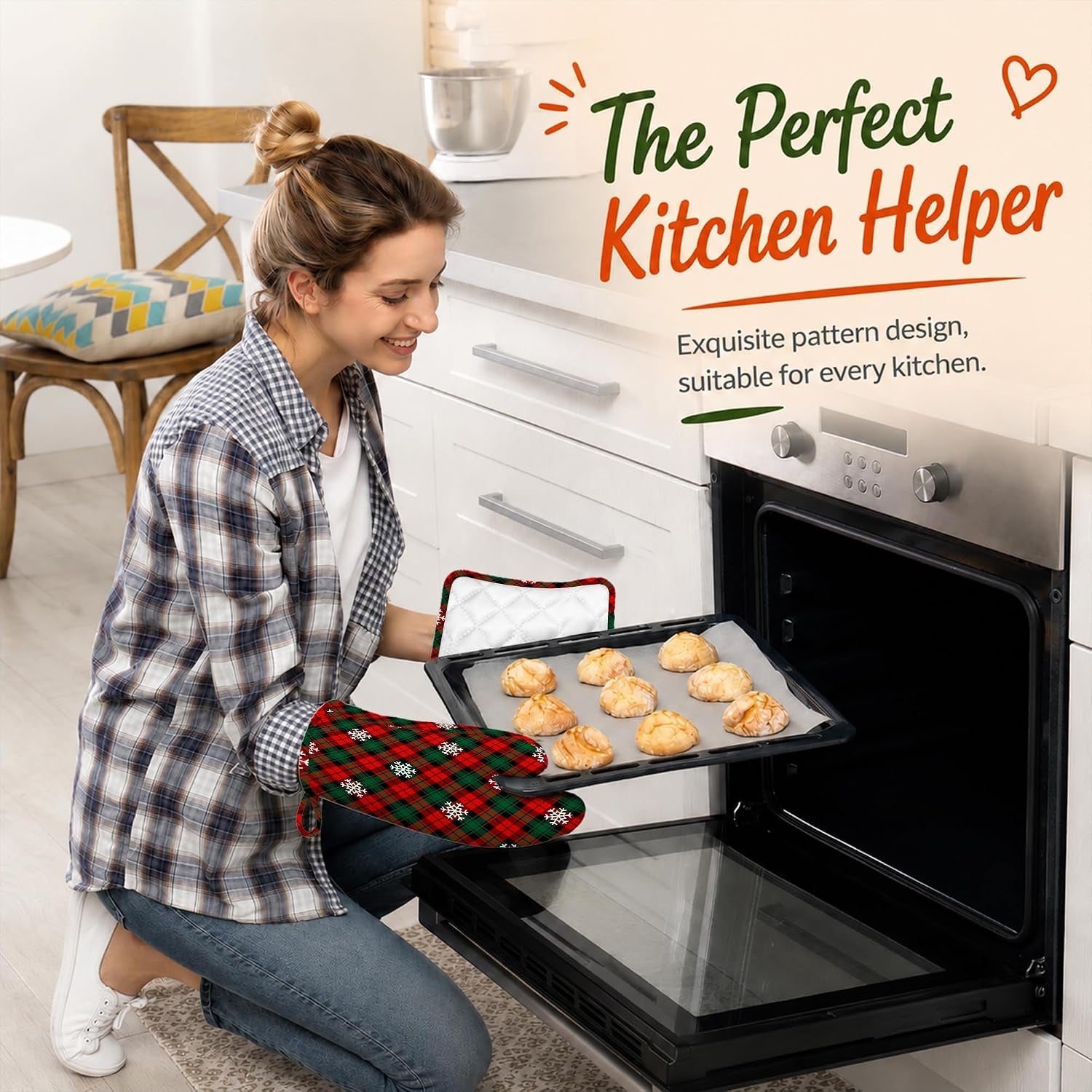 Oven Mitts and Pot Holders Red Green Plaids Silicone Kitchen Accessories Set of 4 Heat Resistant Gloves Retro Christmas Plaid Potholder Non-Slip Grip for Chef Cooking Baking Grilling BBQ