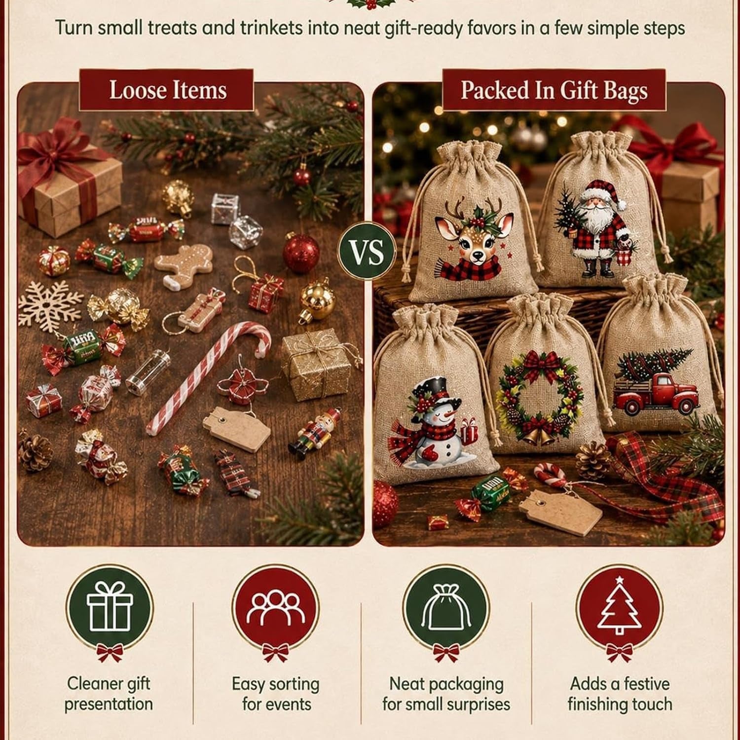 Christmas Drawstring Gift Bags-Santa & Reindeer Polyester Pouches，5Pc