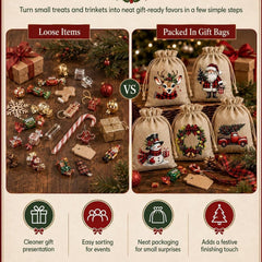Christmas Drawstring Gift Bags-Santa & Reindeer Polyester Pouches，5Pc