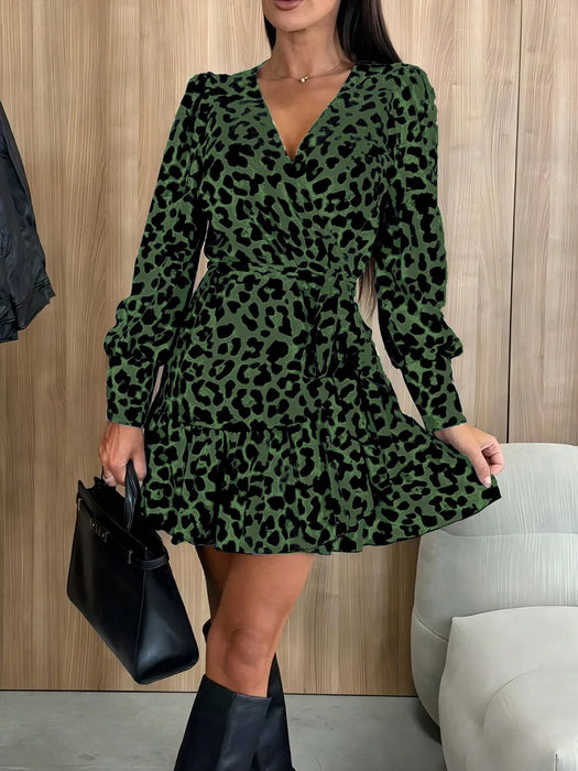 Women's long sleeved bubble sleeve V-neck lace up printed dress