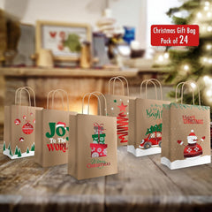 Easykart 24 Christmas Kraft Gift Bags with Red Foiling - Holiday, Xmas, Party Favors (9 X 7.3 X 3.3)
