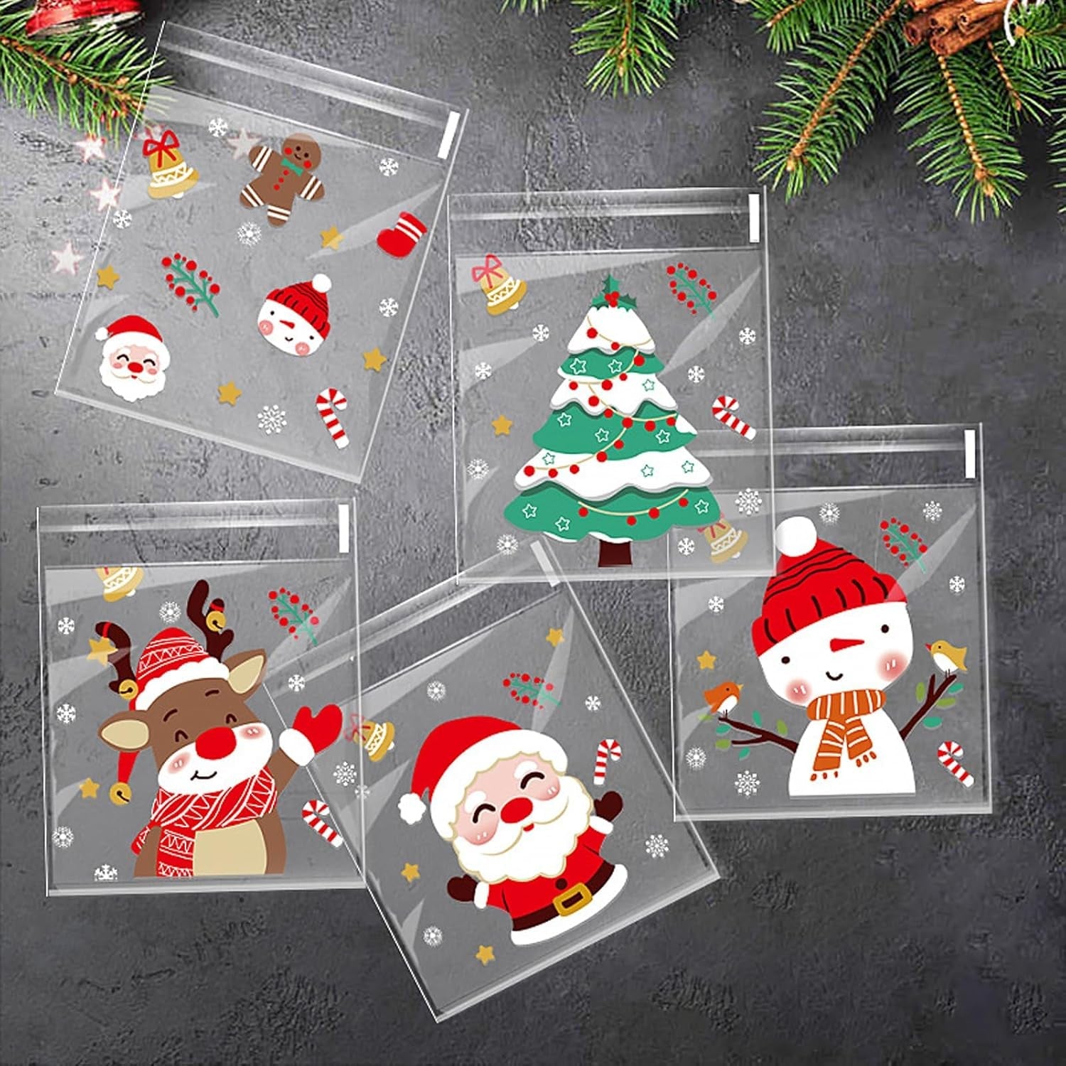 200 Piece Christmas Cookie Bags - Self Adhesive Clear Xmas Candy & Treat Bags for Parties & Goodies