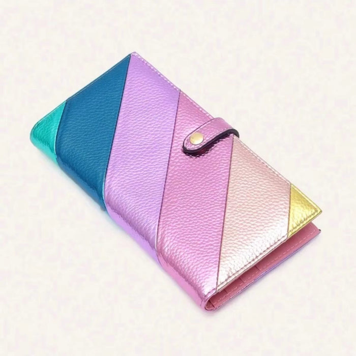Women'S Fashion Elegant PU Leather Long Wallet Colorful Stripe Stitching Zipper Pocket Card Holder, Bifold