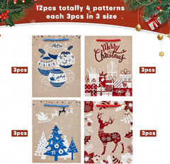 12Pack Christmas Gift Bags Sets,3 Assorted Sizes,4 Design