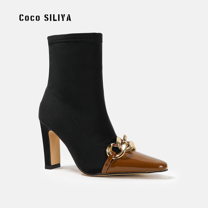 New Short Boots Women's Pointed Toe High Heel Thick Heel