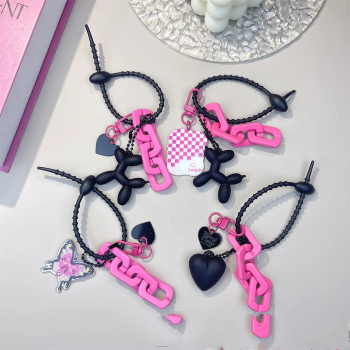 Plum Red Chain Balloon Dog Card Holder Keyring Women Featuring Spicy Girl Heart-Shaped Pink Bow Design Unique Trendy Bag