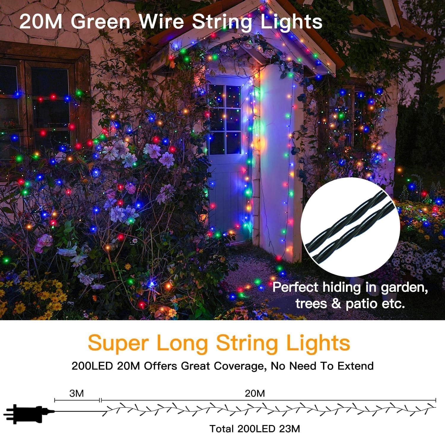 Outdoor Fairy Lights, 20M 200 Leds, Multicolour, Mains Powered