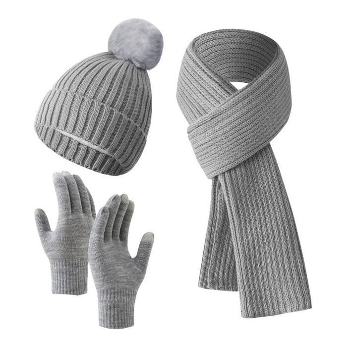 Solid Color Woven Hat Scarf And Gloves Warm Set