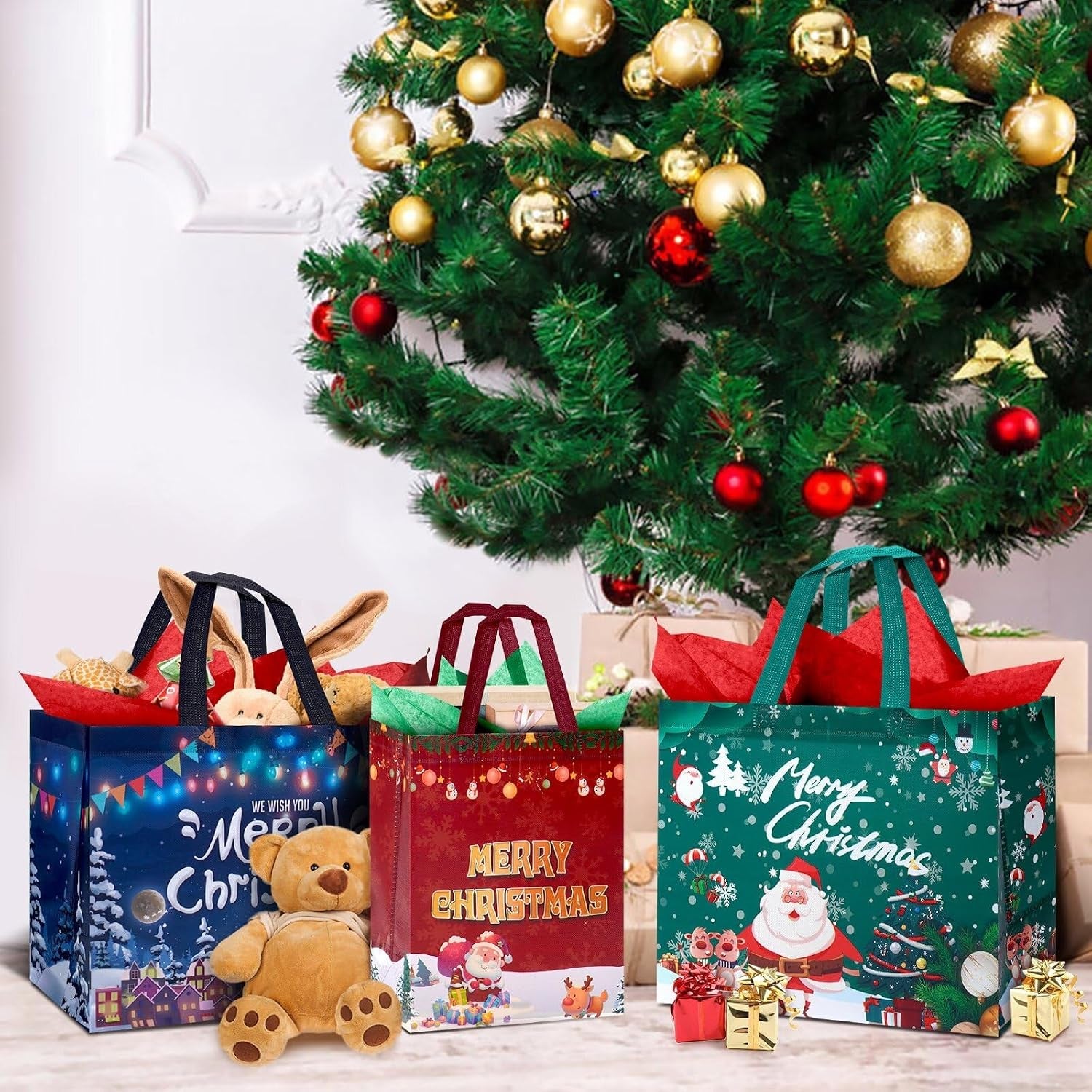 12 Pack Christmas Bags with Tissue Paper, Reusable Tote Bag with Handles Includes 8 Large 13",4 Medium 10" Christmas Treat Shopping Bags, Xmas Party Favor Bags Decorations