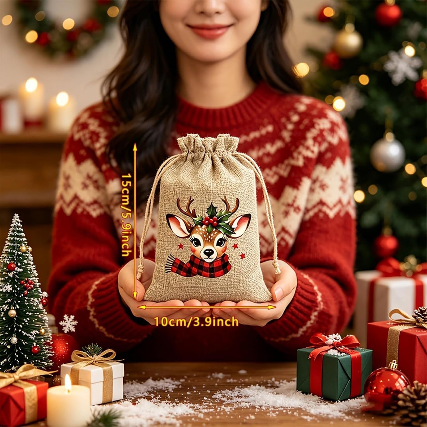 Christmas Drawstring Gift Bags-Santa & Reindeer Polyester Pouches，5Pc