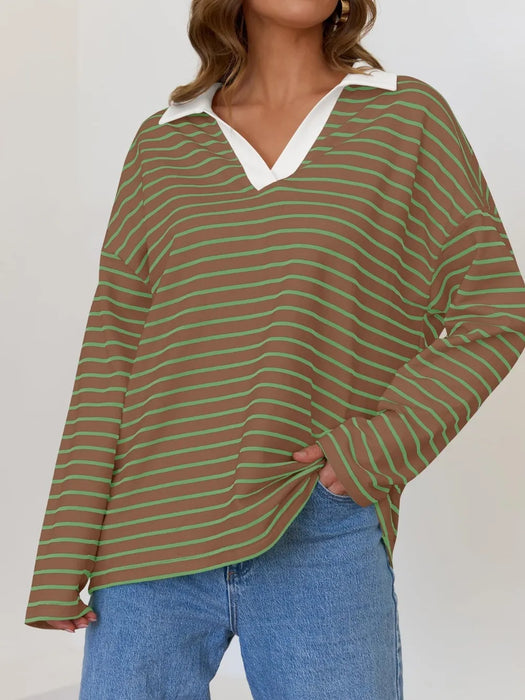 Mandy Striped  Collar Long Sleeve Sweatshirt