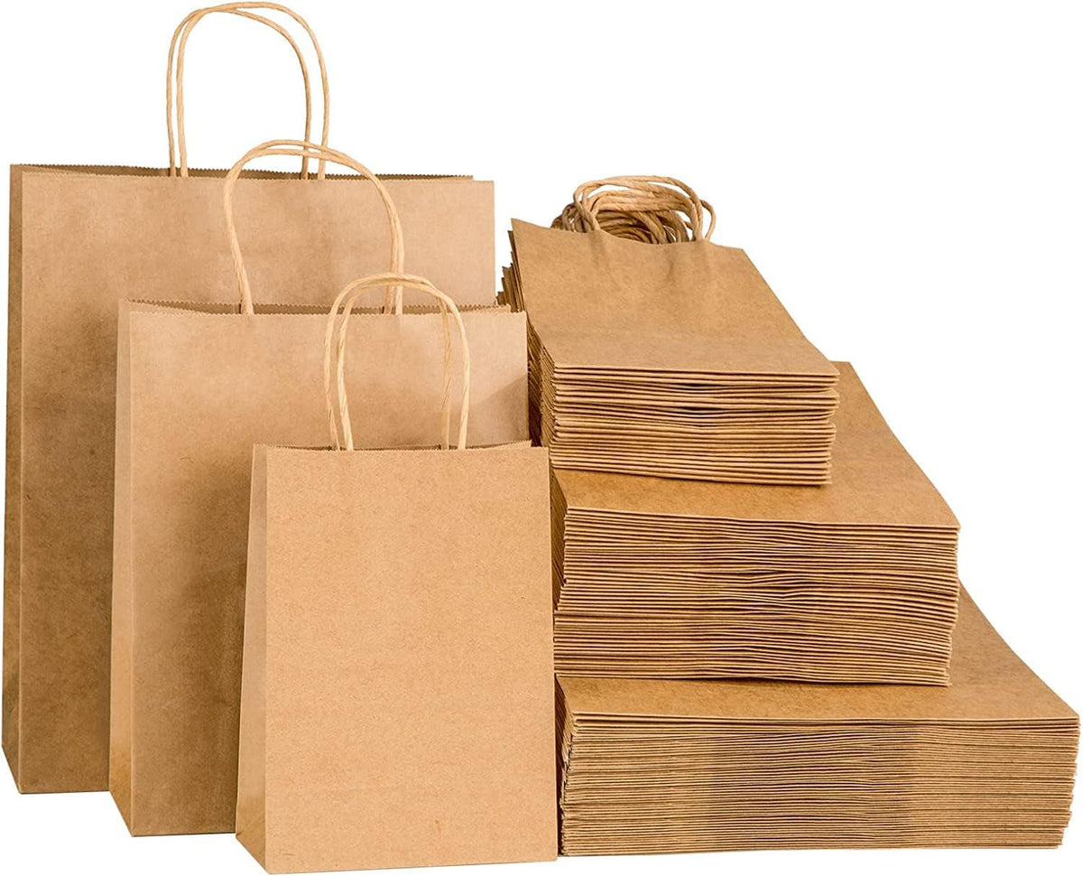 100Pcs Brown Kraft Paper Bags with Handles - Mixed Size Gift Bags for Business, Shopping, Retail, Party, Favor, Merchandise - Perfect for Bulk Use