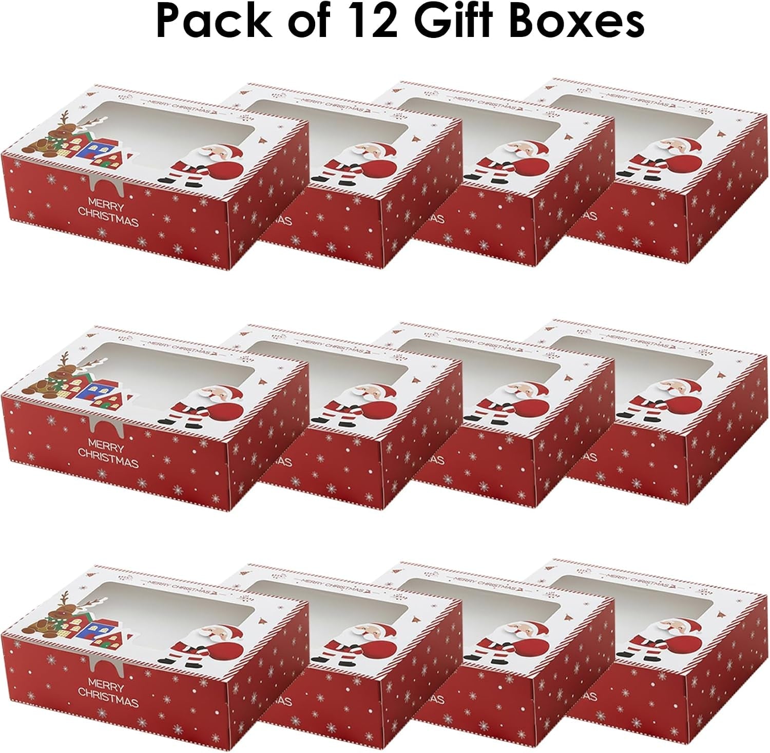 Pack of 12 Christmas Gift Boxes with Clear Window 18X13X5 Cm